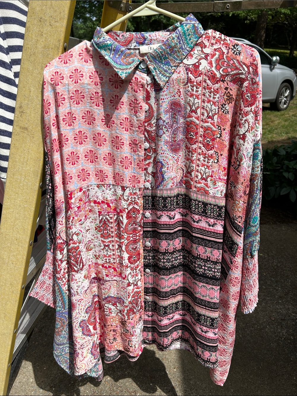 Oli & Hali Pink Multicolor Patchwork Paisley Boho Button-Up Blouse